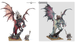 Large dragon model with red tinted wings perched on a base wielding a staff accompanied by a small rider figure Warhammer miniature on white background