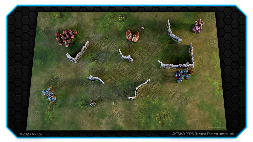 Top down strategy game battlefield with broken stone walls grassy terrain and groups of red and blue units facing each other