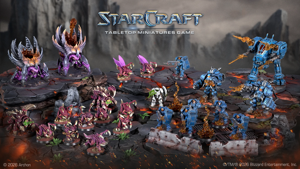 StarCraft tabletop battle scene with blue Terran mechs vs purple alien creatures on a volcanic rocky battlefield logo at top
