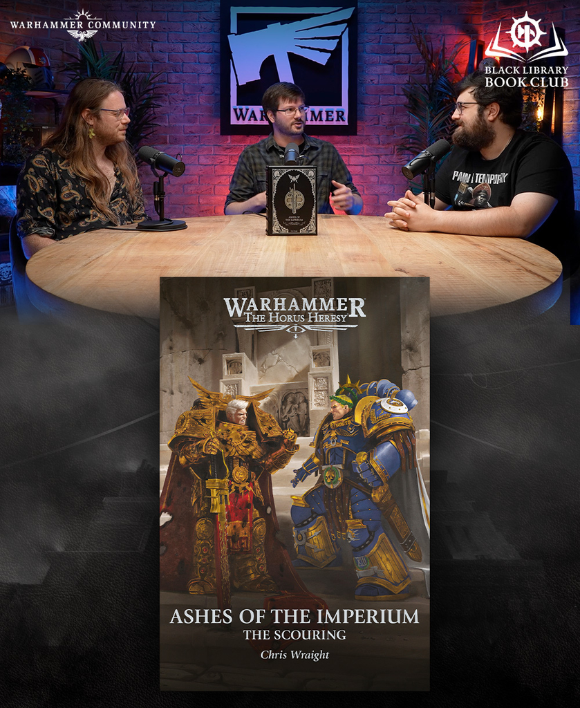 Three hosts sit at a round wooden table in a podcast studio with Warhammer branding a copy of Ashes of the Imperium on display between them
