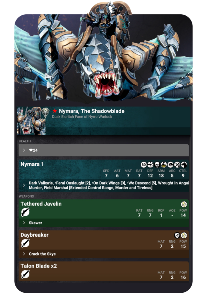 A heavily armored dragon like creature with a rider blue gray plates and gold accents shown on a character card titled Nymara The Shadowblade