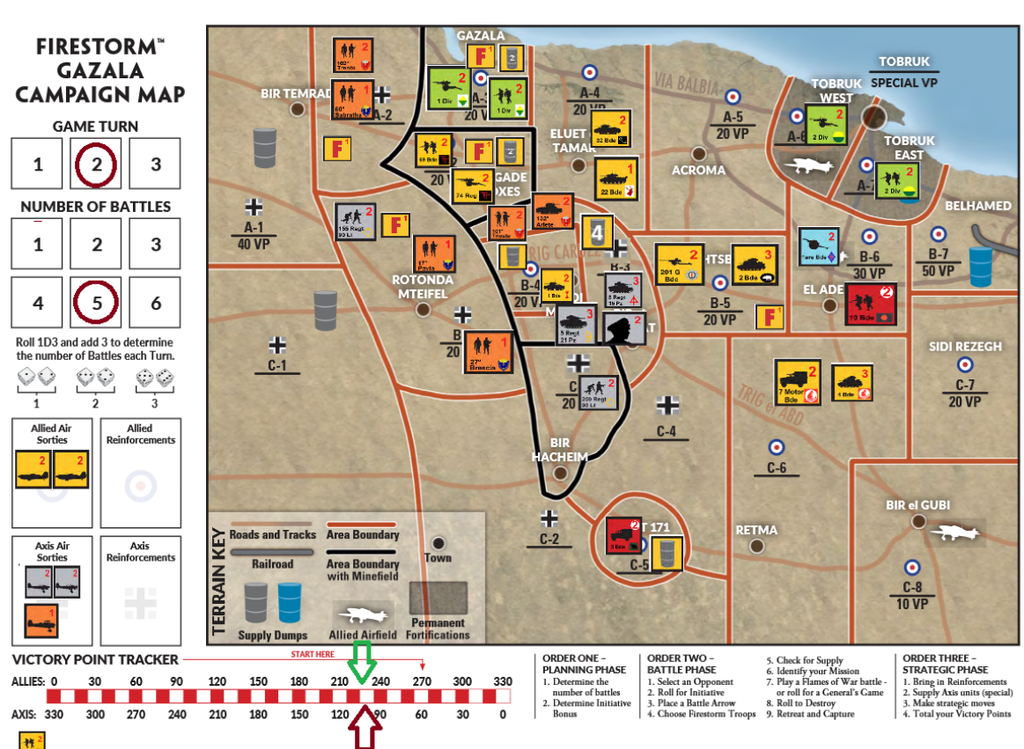 Firestorm Gazala Campaign Map battle sectors unit tiles roads coast and a VP tracker