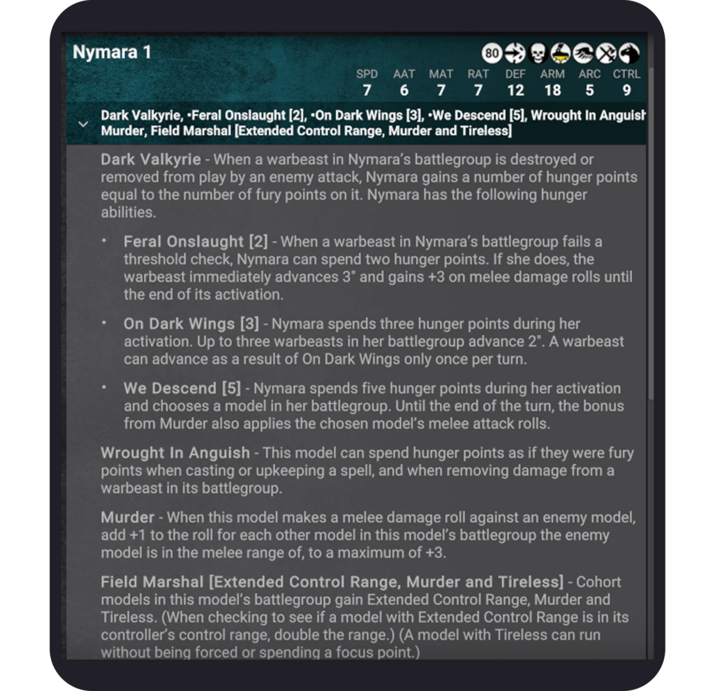 Informational screenshot Nymara 1 stats bar and a list of abilities and descriptions for a battlegroup guide