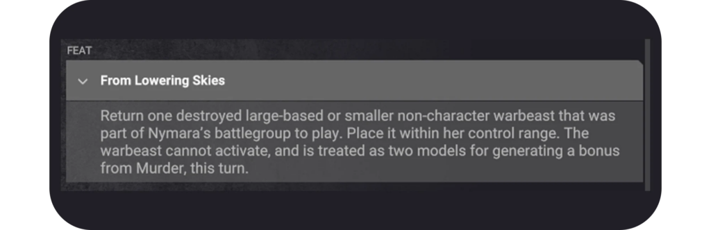 Panel titled From Lowering Skies describing returning a destroyed warbeast to Nymaras battlegroup placement within control range and no activation this turn