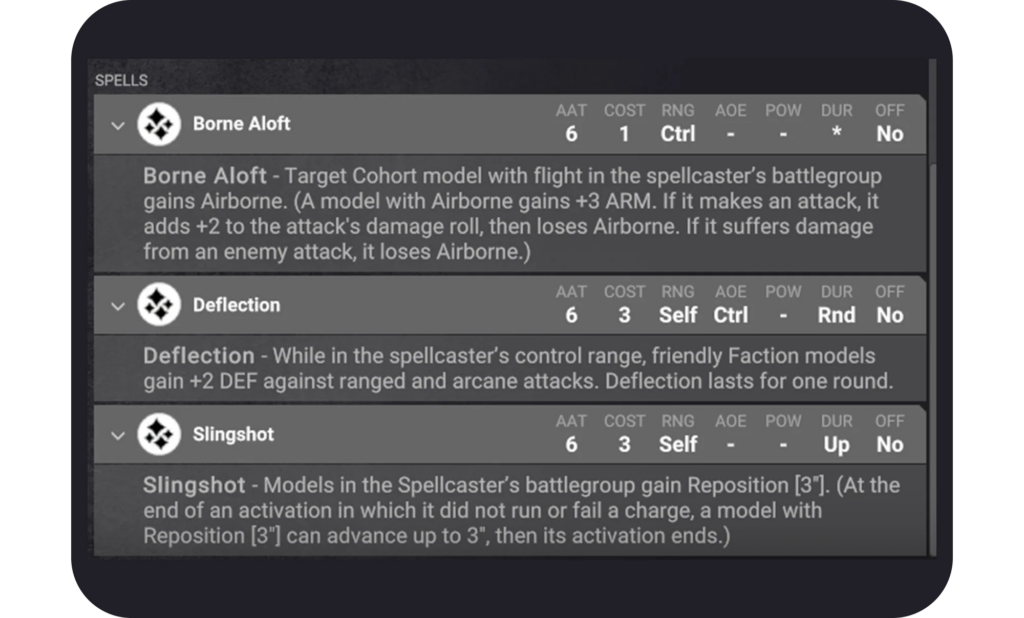 Screenshot of an in game spell list panel showing Borne Aloft Deflection and Slingshot with icons stats AAT COST RNG and brief descriptions