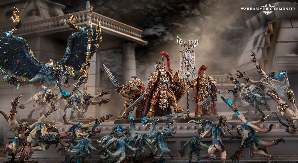 Epic Warhammer diorama gold armored champions confronting a winged dragon and undead looking foes on a stone battleground Warhammer Community logo top right