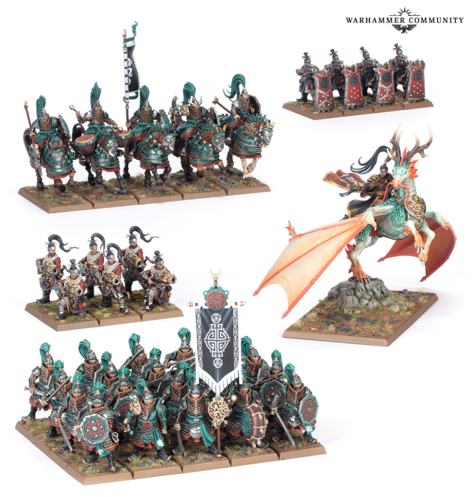 image Frontline Gaming Warhammer miniatures teal armored infantry and cavalry units plus a dragon rider and bannered figure on display