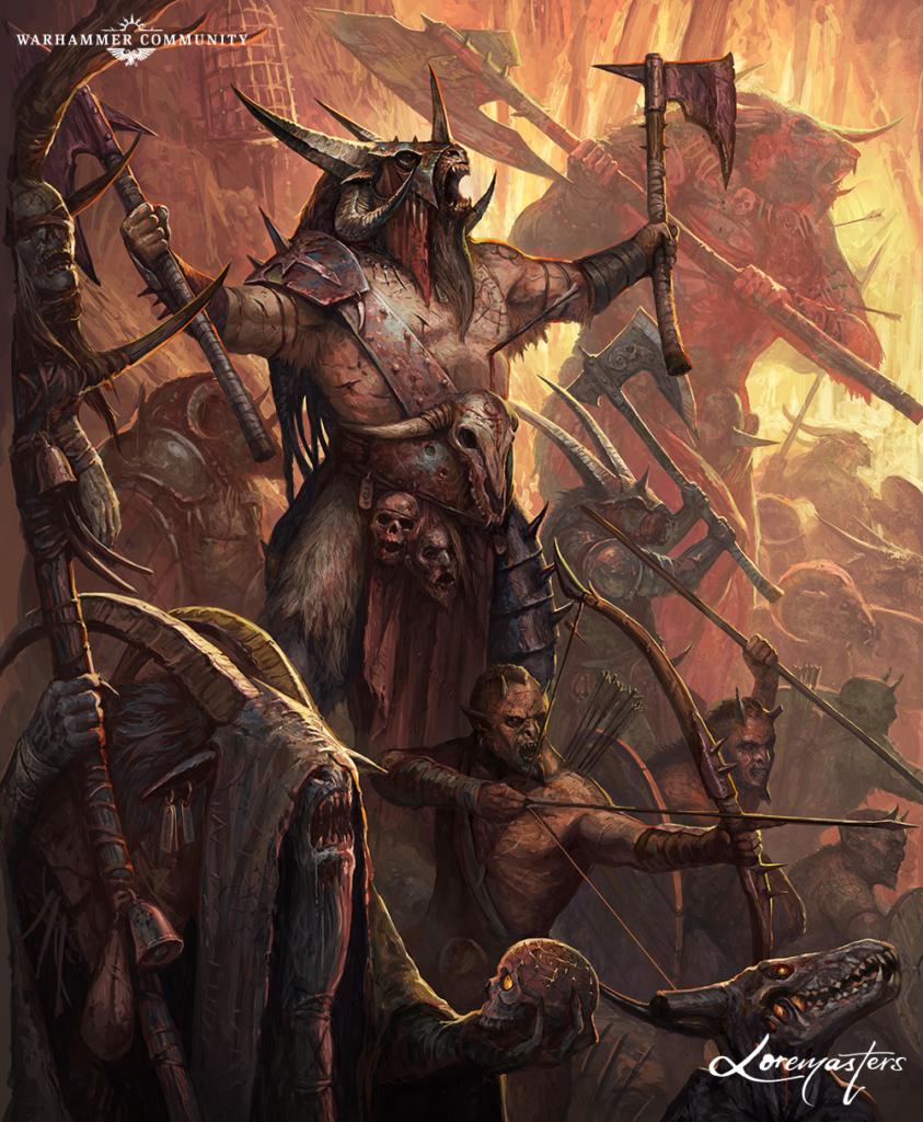 Chaos warriors in a fiery battlefield raise axes amid skulls and feral beasts a grim saga of battle
