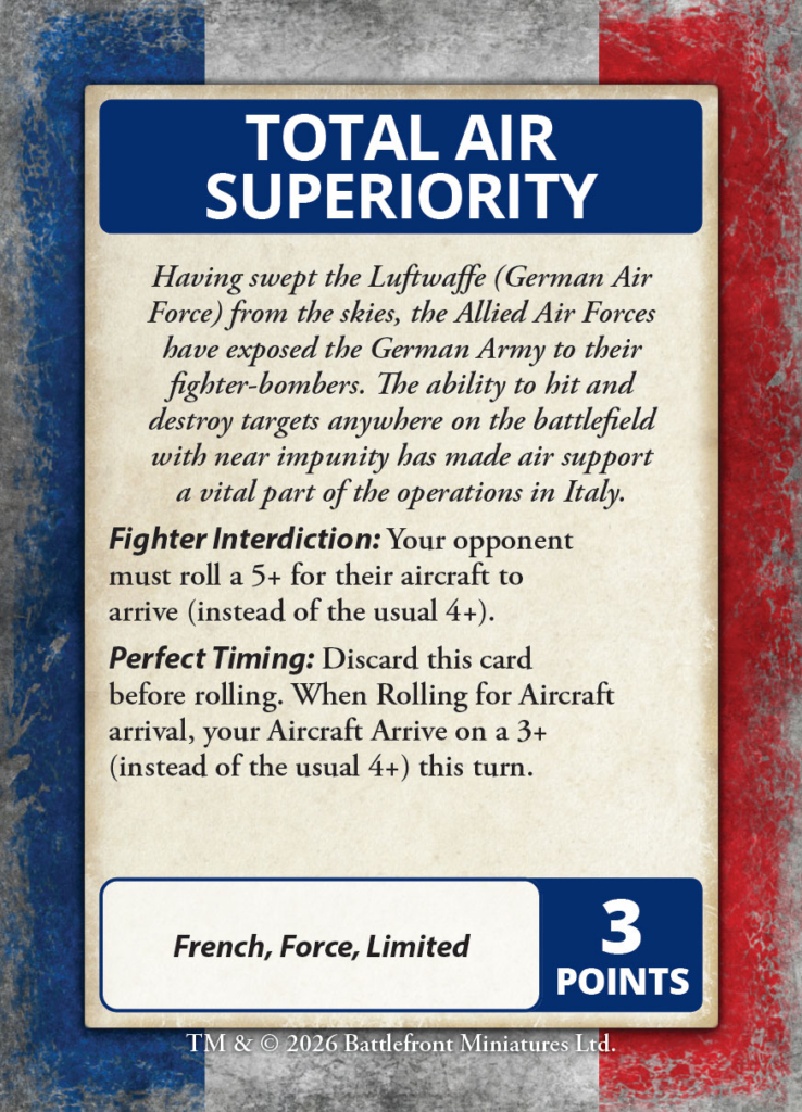 Game card labeled Total Air Superiority with rule text and a 3 POINTS value Battlefront Miniatures