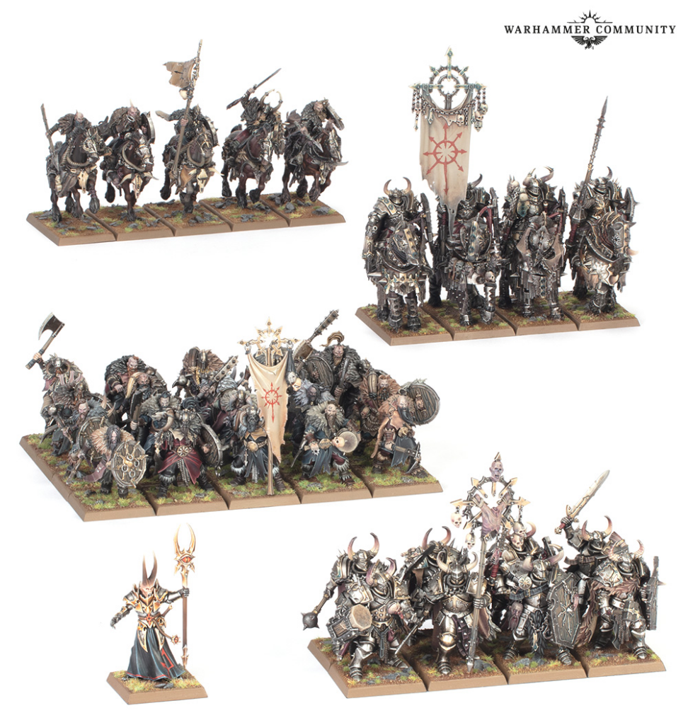 image Frontline Gaming Group of heavily armored Warhammer miniature soldiers on rectangular bases with a bannered unit among them and a lone sorcerer figure nearby photographed on white background