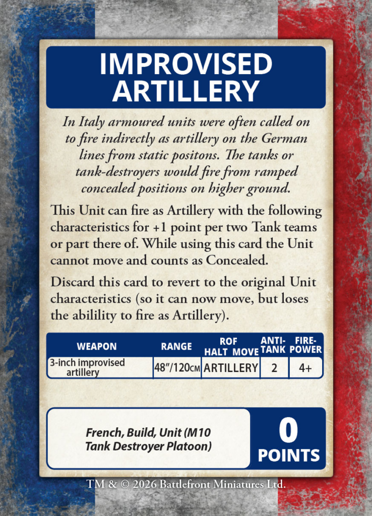Informational card titled Improvised Artillery showing unit description stats table and 0 points for a Battlefront Miniatures unit