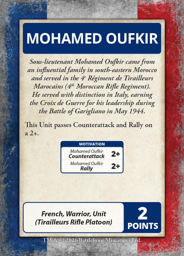 Unit card for Mohamed Oufkir with blue header beige bio text motivation box and a 2point value at the bottom