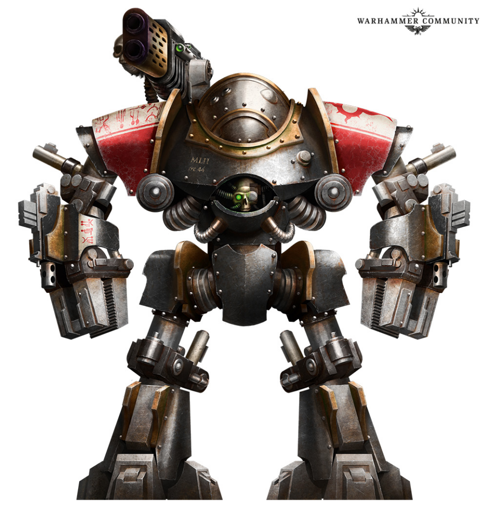Armored battle mech with red shoulder plates heavy metal limbs and a green cockpit eye Warhammer Community branding in the corner