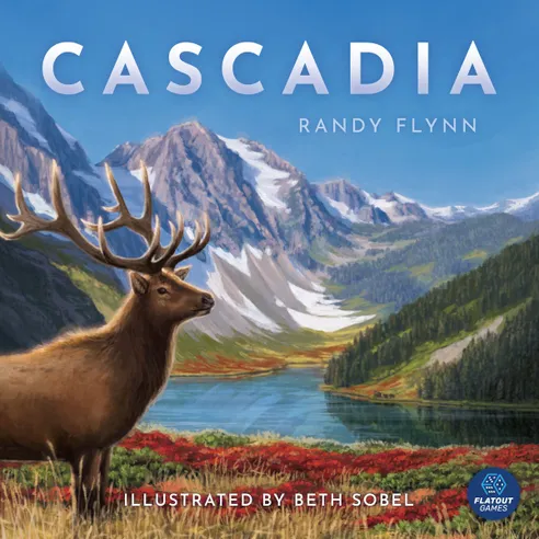 image Frontline Gaming Book cover for Cascadia by Randy Flynn illustrated by Beth Sobel a moose in a alpine meadow with mountains and a lake in the background