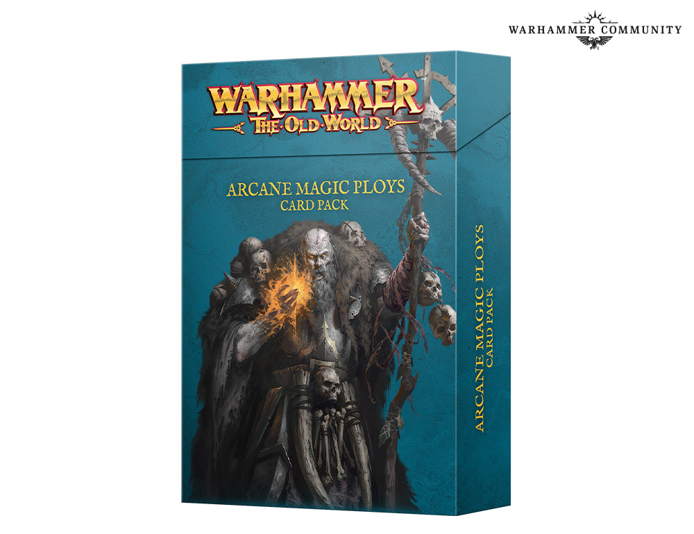 image Frontline Gaming Box for Warhammer The Old World Arcane Magic Ploys Card Pack teal cover with grim armored figures and skulls showing the title text and warhammer branding