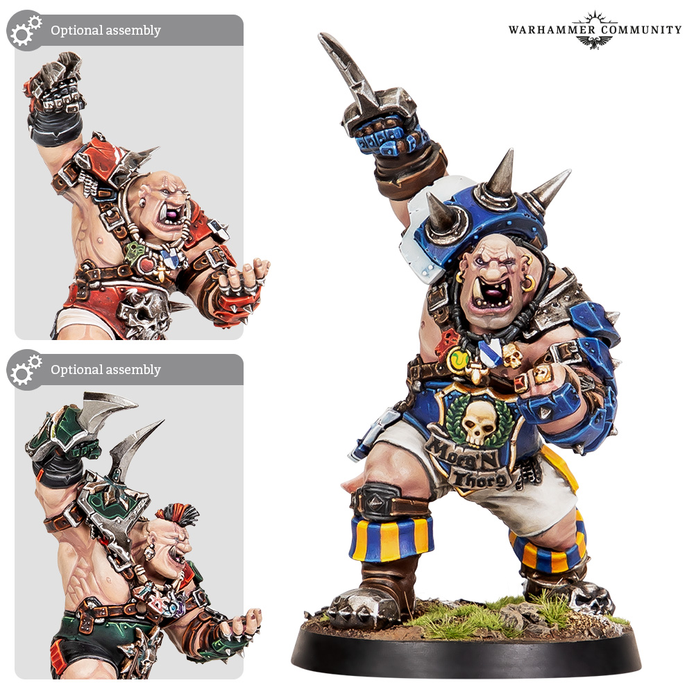 image Frontline Gaming Fully painted Warhammer Orc miniature raising a fist with two alternative poses shown in side insets labeled Optional assembly in gray panels on the left