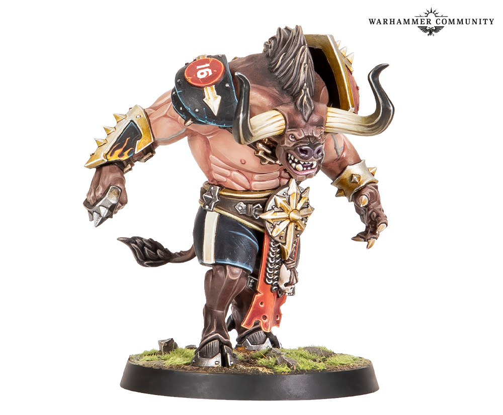 image Frontline Gaming Muscular minotaur warrior miniature with spiked armor and horned head wielding a red bladed axe standing on a grassy base with a Warhammer vibe
