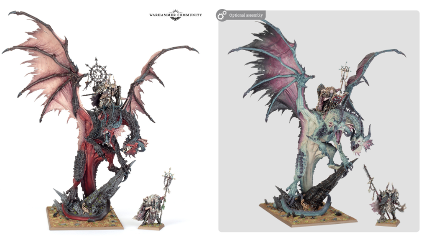 image Frontline Gaming Large dragon model with red tinted wings perched on a base wielding a staff accompanied by a small rider figure Warhammer miniature on white background