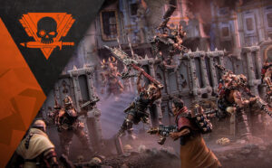 Warhammer-style battle scene: armored fighters clash behind spiked barricades in a ruined city, orange skull emblem on the left panel.