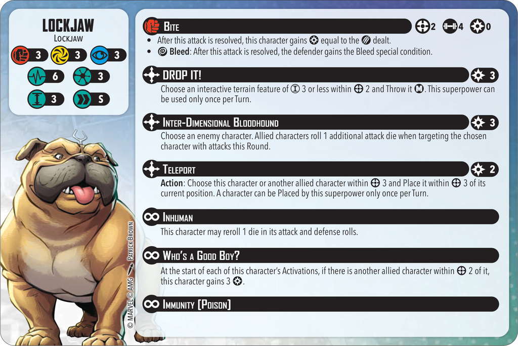 Card featuring Lockjaw a large bulldog with ability list on the right detailing Bite Drop It Inter Dimensional Bloodhound and Teleport status icons and numbers shown at top right