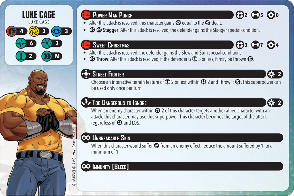 Luke Cage character sheet with his stats and Power Man Punch abilities on a light blue card edge