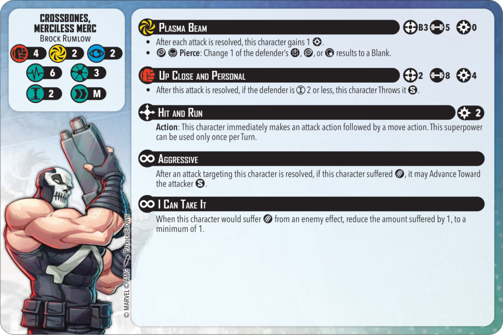 new crossbones merc Frontline Gaming Character card for Brock Rumlow with ability icons and move descriptions Plasma Beam Up Close and Personal Hit and Run Aggressive I Can Take It