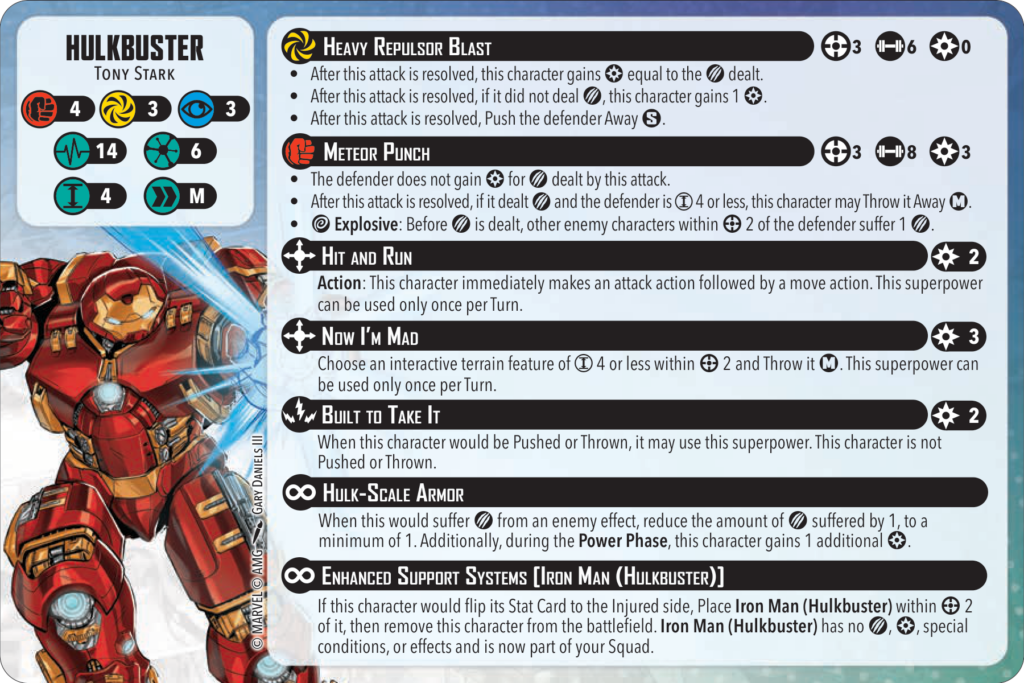 new hulkbuster Frontline Gaming Hulkbuster Tony Stark card with stat icons and a list of powers like Heavy Repulsor Blast and Meteor Punch on the right side