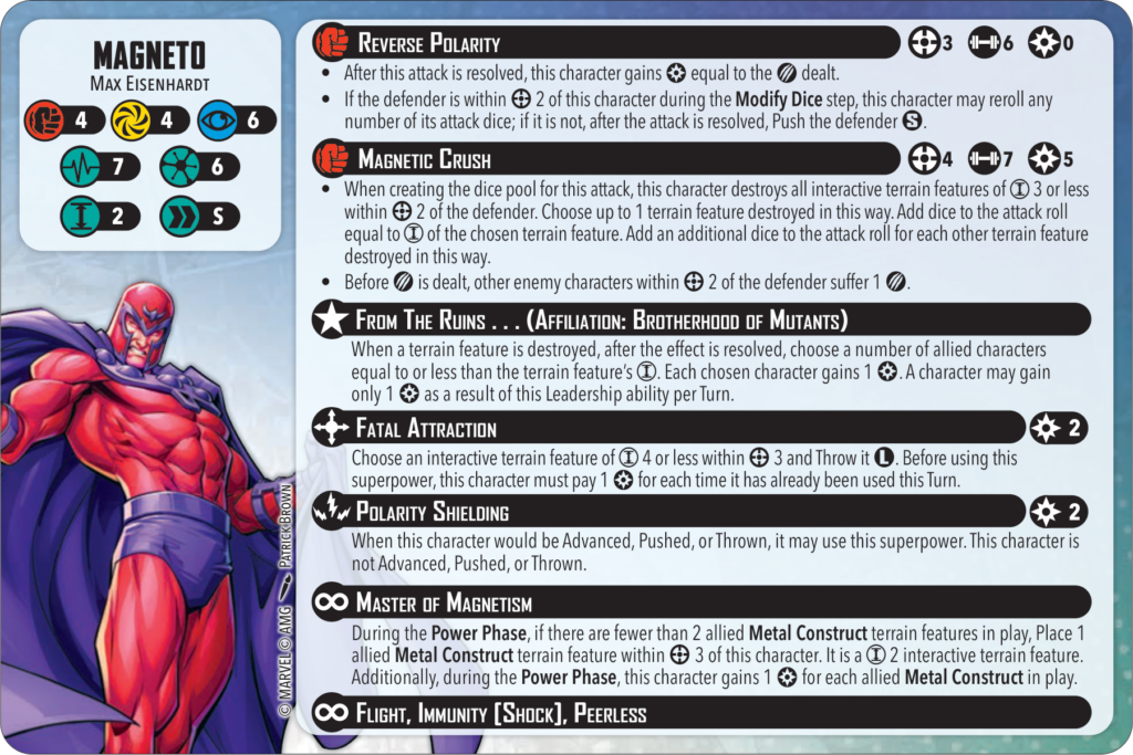 new magneto Frontline Gaming Magneto character card with stat icons and ability text on a light blue board