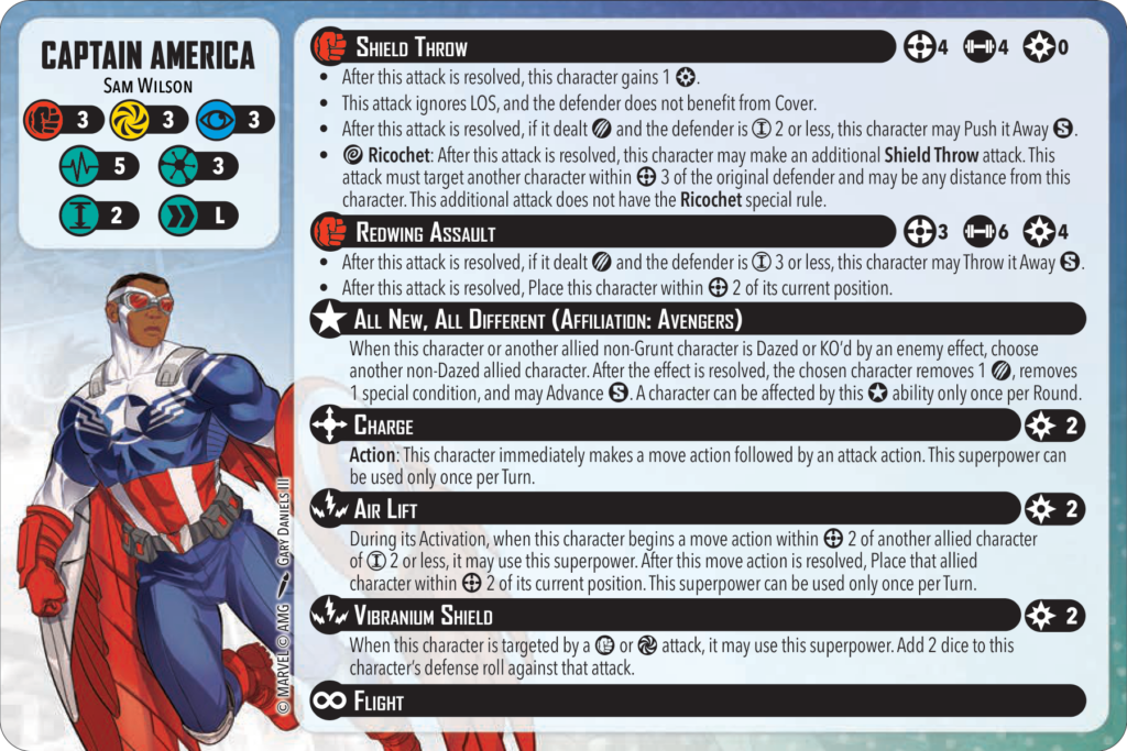 new sam Frontline Gaming Captain America Sam Wilson character card with stats and ability text shown on the right side