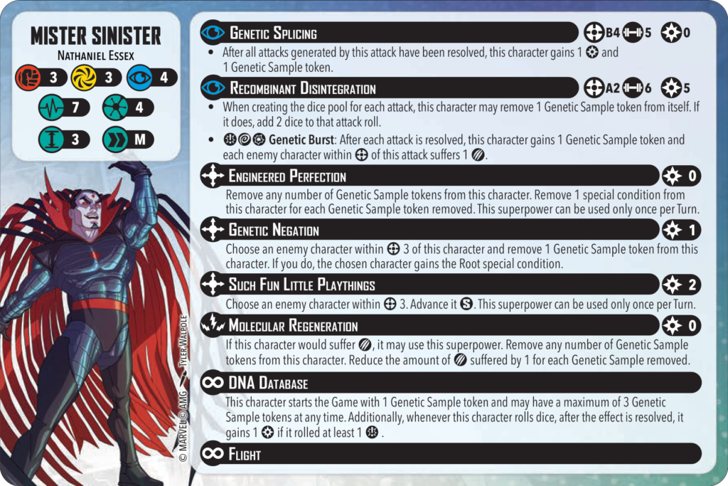 new sinister Frontline Gaming Character card Mister Sinister Nathaniel Essex with ability icons and stats on a blue border background left side portrait included