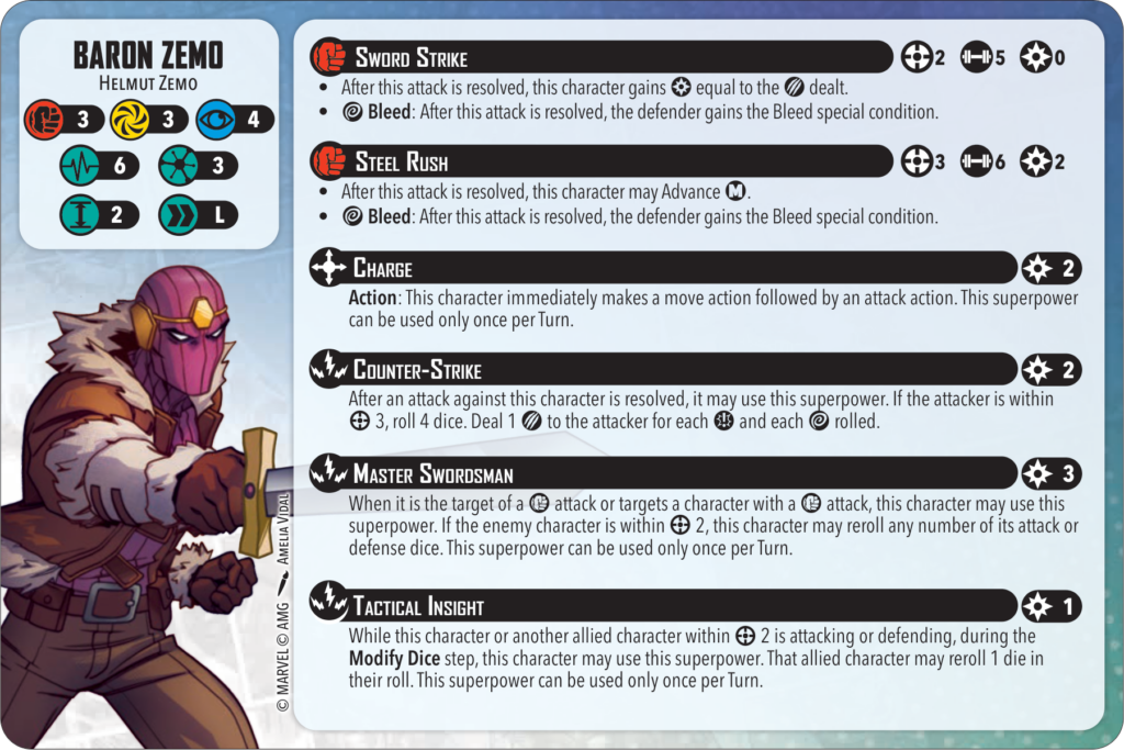 new zemo Frontline Gaming Character sheet for Baron Zemo with left side stats and portrait shows skills and values for attack defense and powers on the right