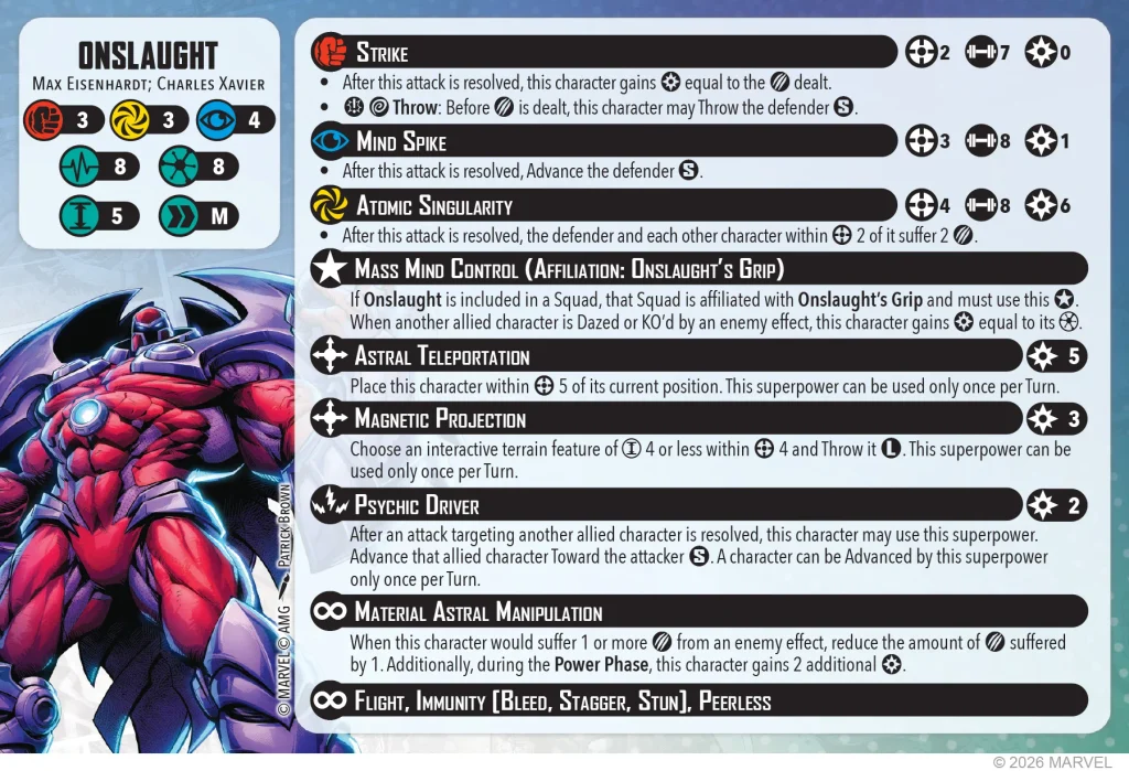 Character card for Onslaught from Marvel showing stat icons and a list of powers such as Strike Mind Spike Atomic Singularity Mass Mind Control Astral Teleportation Magnetic Projection and more