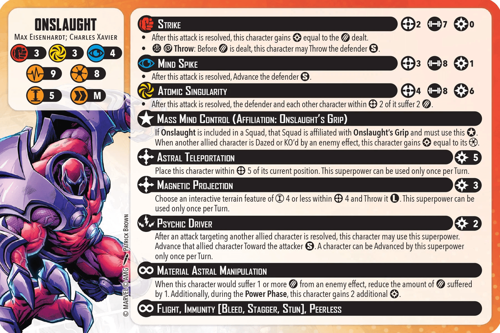 Onslaught character card featuring bold title power icons and a list of abilities Strike Mind Spike Atomic Singularity Mass Mind Control Astral Teleportation Magnetic Projection with descriptive text on the right left edge shows a red armored figure