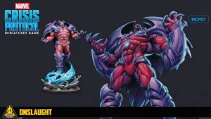 Marvel Crisis Protocol miniatures promo with two large figures a red armored villain and a purple winged foe against a dark background