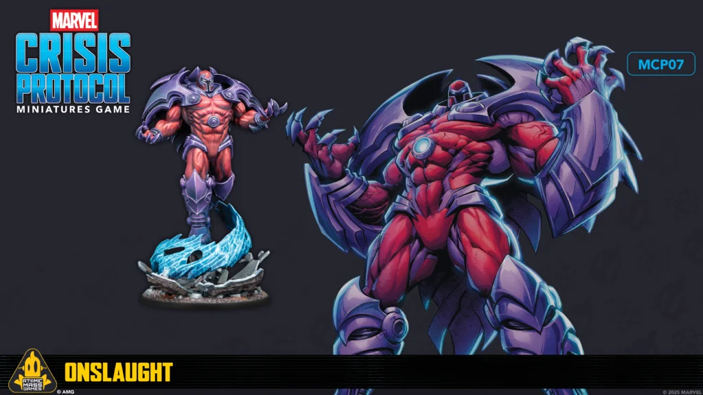 Marvel Crisis Protocol miniatures promo with two large figures a red armored villain and a purple winged foe against a dark background