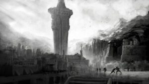 Monolithic tower rises above a ruined city with stairs and distant mountains silhouettes of people in the foreground