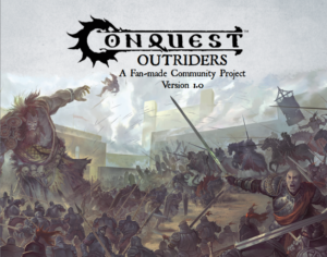 Cover art for Conquest Outriders a fan made community project showing a wild medieval battle with armored soldiers clashing