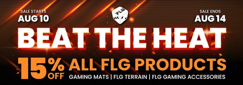 Promotional banner Beat the Heat sale with 15 off all FLG products Aug 1014 gaming mats terrain accessories