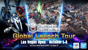 Promotional banner for Gundam Assemble Global Launch Tour in Las Vegas Oct 14 featuring Gundam models and event logos
