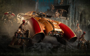 Golden red armored tank wreck on a smoky battlefield flanked by gilded warriors with a ruined gothic backdrop