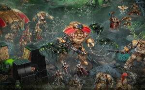 Gold armored Space Marines clash with green spider like enemies on a smoky rocky battlefield filled with other ornate figures