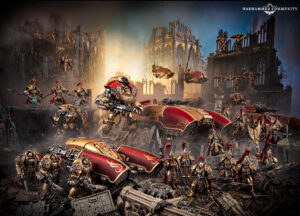 Gold armored Warhammer 40000 knights and tanks battle amid a ruined gothic cityscape with fire smoke and crumbling cathedrals in the background