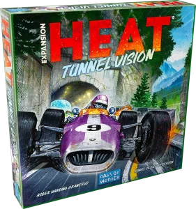 Box cover of the racing game HEAT Tunnel Vision featuring a purple race car speeding through a tunnel with mountains in the background