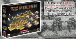 Boxed Flames of War Polish 7TP Tank Company game with miniature tanks and infantry on display