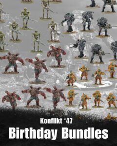 Collage of Konflikt 47 miniatures mutants and armored soldiers on a war torn background with a Birthday Bundles title