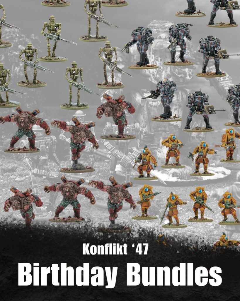 Collage of Konflikt 47 miniatures mutants and armored soldiers on a war torn background with a Birthday Bundles title