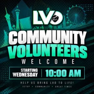 Promotional poster for LVO Community Volunteers with bold WELCOME and 1000 AM details teal and black cityscape background