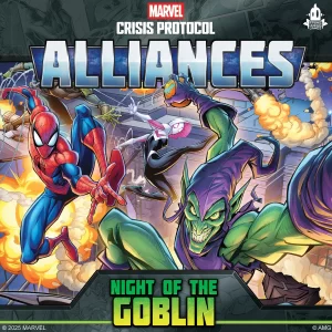 Marvel Crisis Protocol Alliances  Night of the Goblin cover art with Spider Man swinging and Green Goblin in combat