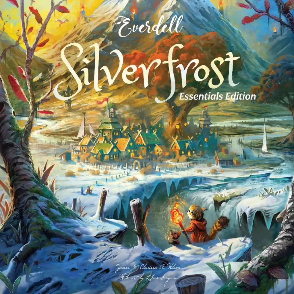 EverdellSilverfrostEssentialsFlatCover01 Frontline Gaming Illustrated winter landscape with a colorful village and the title Everdell Silverfrost Essentials Edition on the cover