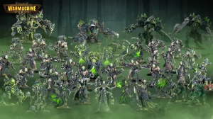 Large army of green armored Warhammer miniatures in a foggy forest battlefield posed for battle